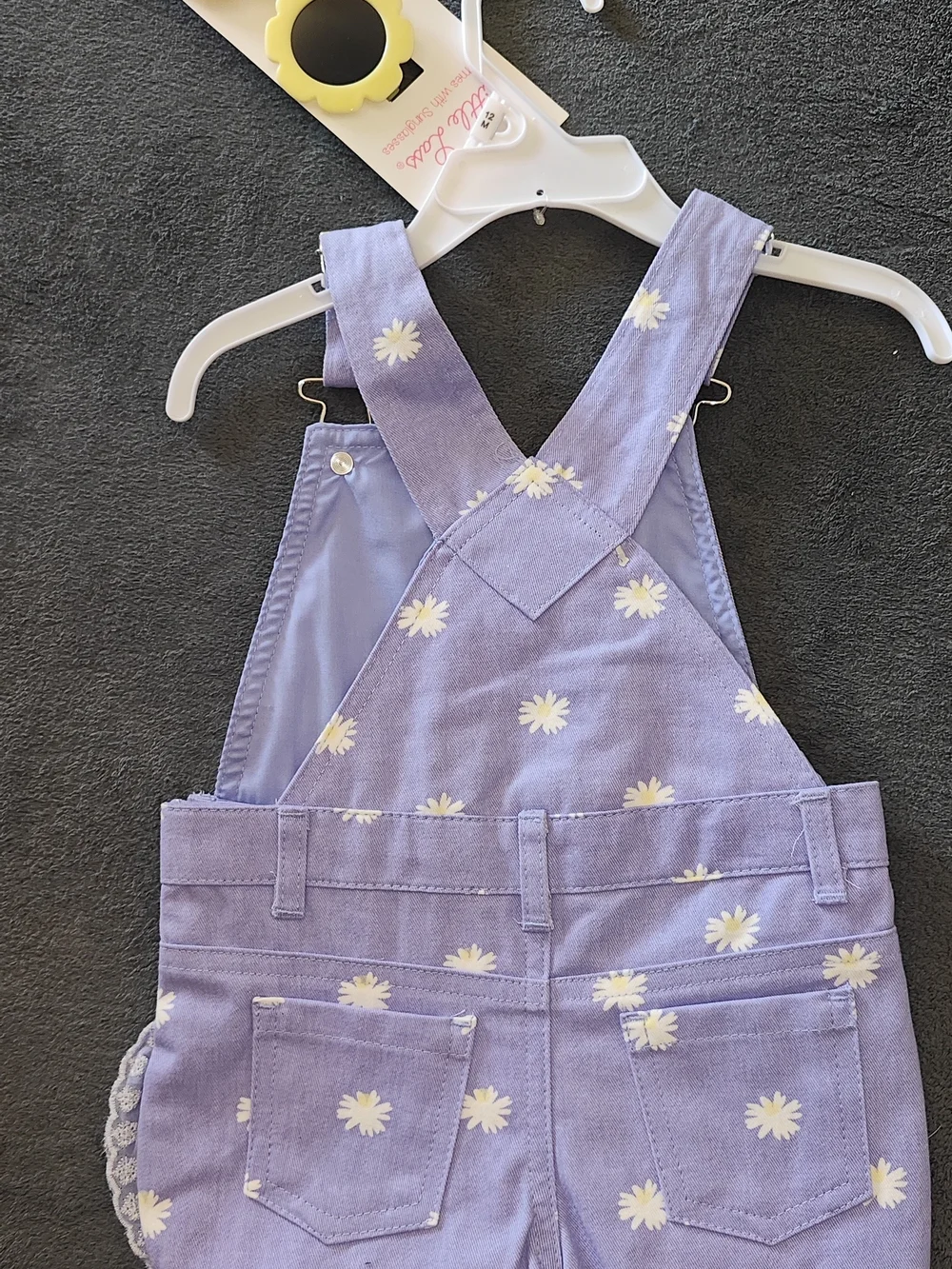 Little Lass Lavender Daisy Shortall Romper with Yellow Belt